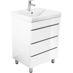 Posseik Stand-Waschplatz Amilia 60 Cm Weiß Hochglanz Mit Grifflosen Schubladen -Badezimmerbedarf Geschäft ei grifflosen schubladen 5